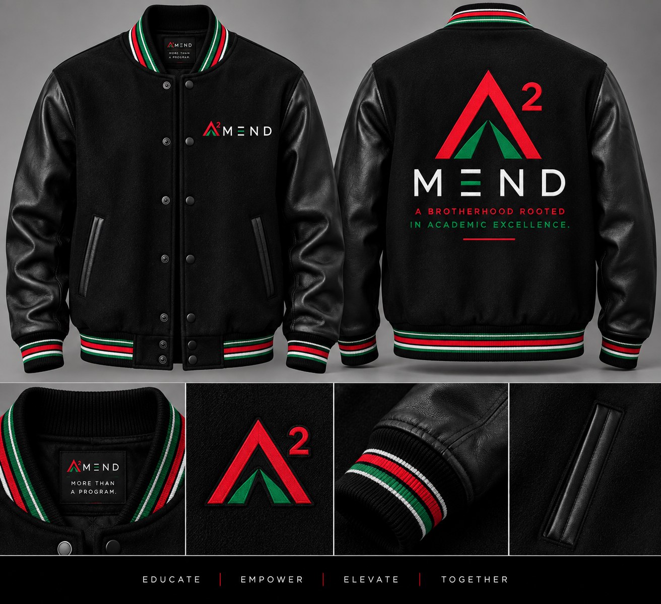 A²MEND letterman jacket, front, back and detail views